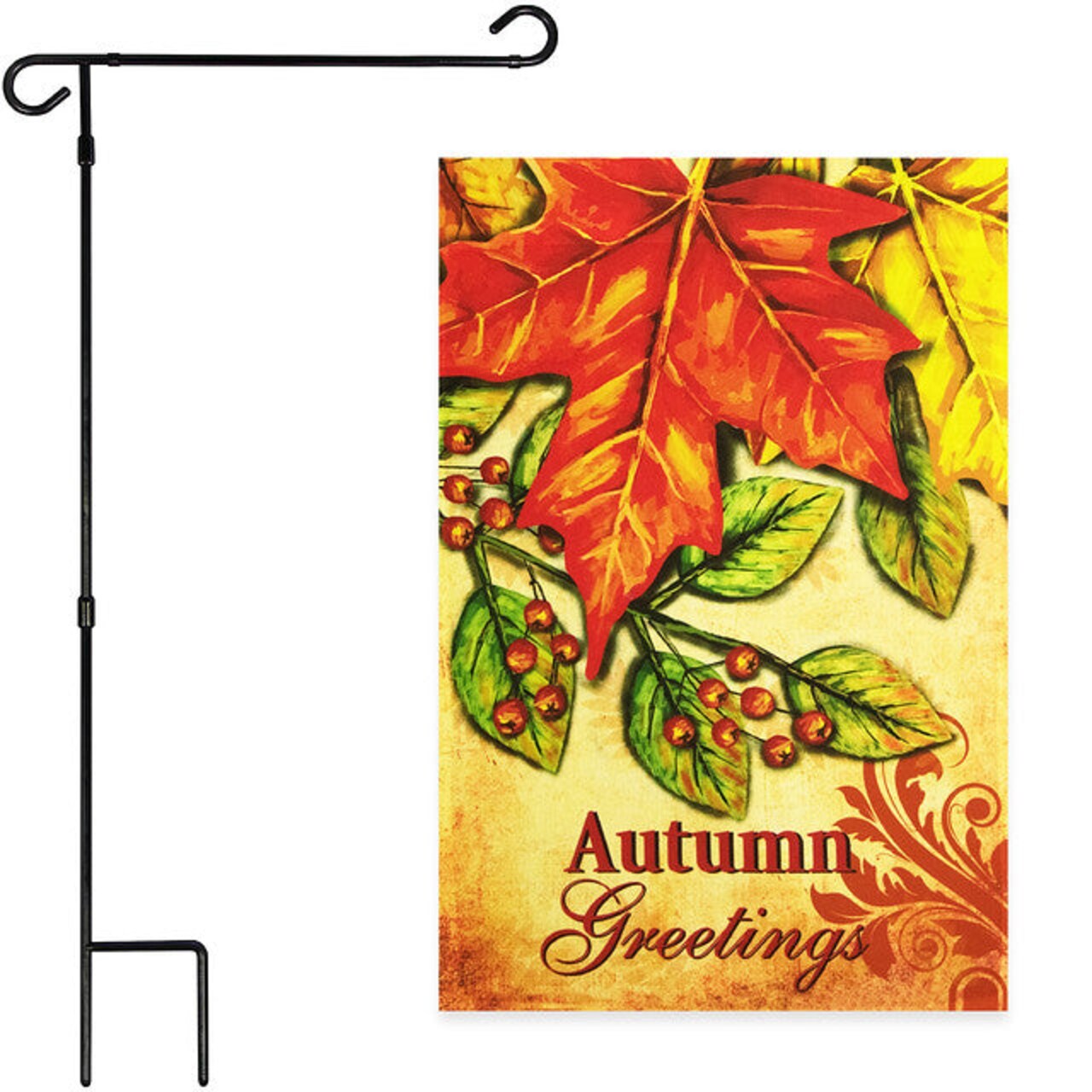 G128 Combo Pack: Garden Flag Stand Black 36x16 Inch & Garden Flag Autumn Greetings Large Maple Leaf 12x18 Inch